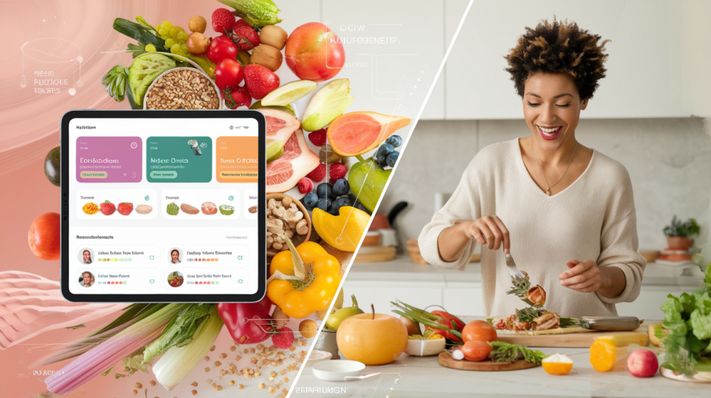 Person in a modern kitchen preparing a healthy meal with fresh fruits and vegetables, guided by a nutrition app on a tablet showcasing AI-driven personalized meal plans.