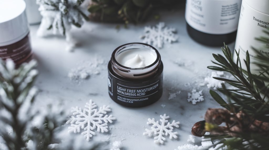 Winter skincare essentials: lightweight, oil-free moisturizer with hydrating ingredients like hyaluronic acid, surrounded by snowflakes and winter greenery, conveying hydration and balance for oily skin during colder months