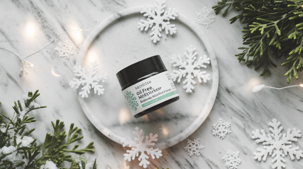 Winter skincare essentials: lightweight, oil-free moisturizer with hydrating ingredients like hyaluronic acid, surrounded by snowflakes and winter greenery, conveying hydration and balance for oily skin during colder months