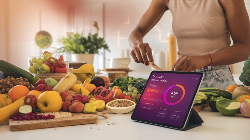 Person in a modern kitchen preparing a healthy meal with fresh fruits and vegetables, guided by a nutrition app on a tablet showcasing AI-driven personalized meal plans.