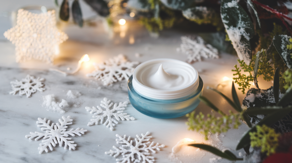 Winter skincare essentials: lightweight, oil-free moisturizer with hydrating ingredients like hyaluronic acid, surrounded by snowflakes and winter greenery, conveying hydration and balance for oily skin during colder months