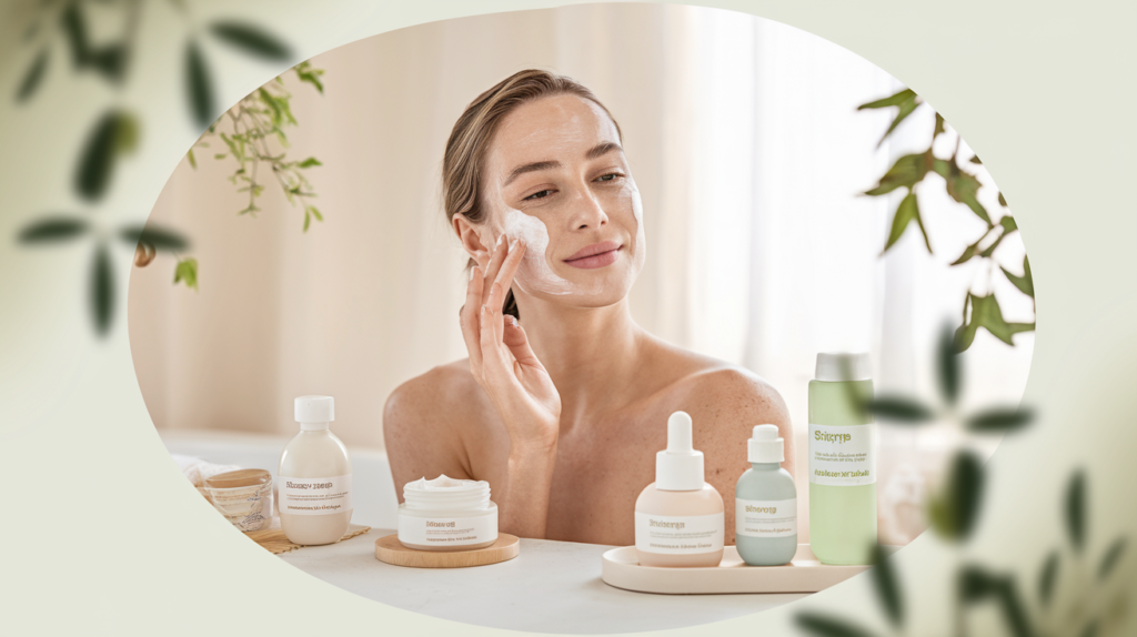 Serene woman applying skincare products in a minimalist bathroom, promoting a stress-free morning routine for glowing skin.