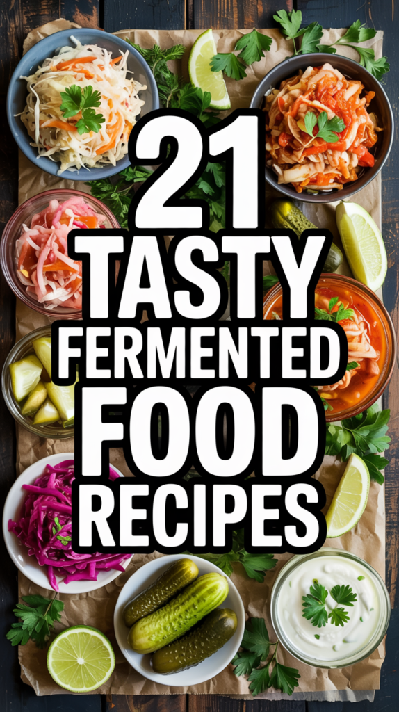 A pinterest-style image of various fermented foods. There are sauerkraut, kimchi, pickles, and yogurt. The background is a wooden surface. There is a text overlay in big clear text that says "21 Tasty Fermented Food Recipes".