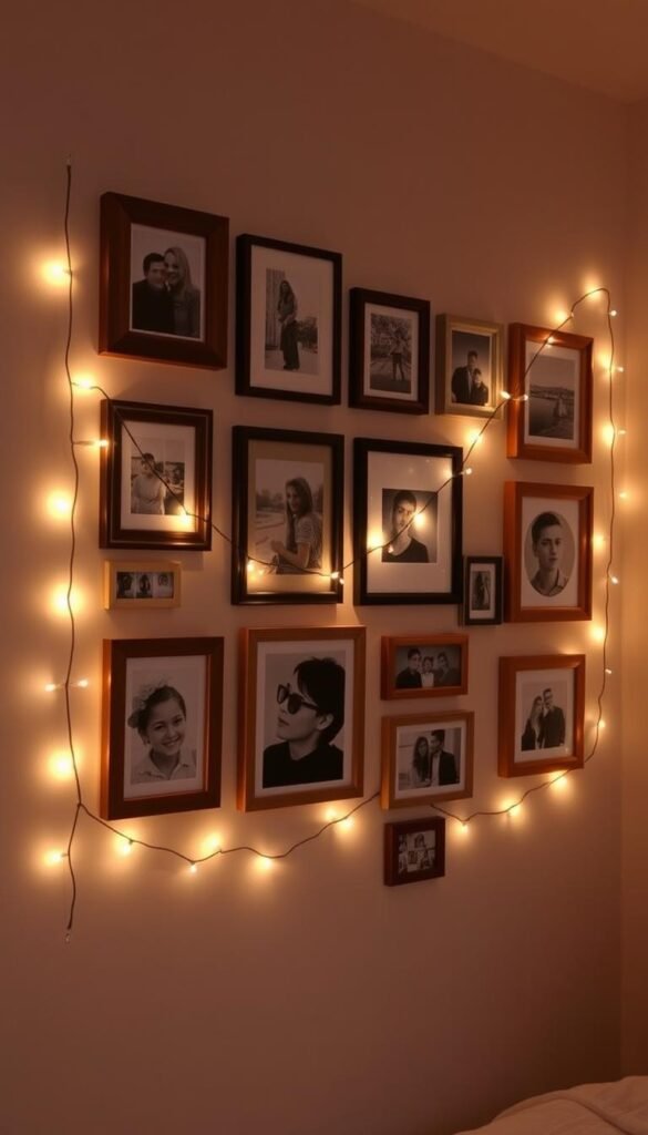 photo gallery wall with string lights