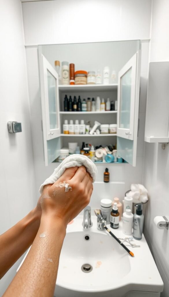 A clinical, well-lit bathroom scene depicting various skincare mistakes. In the foreground, a person's hands holding a washcloth, scrubbing their face too vigorously. Behind them, a sink cluttered with expired products, dirty tools, and a jumble of cotton pads. In the background, a medicine cabinet with open doors, revealing an unorganized collection of half-used serums and creams. The lighting is bright and even, accentuating the imperfections and chaos of the space. An atmosphere of routine gone awry, conveying the importance of mindful, disciplined skincare practices.