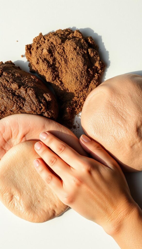 A close-up photograph of diverse skin types, including dry, oily, combination, and sensitive skin, arranged in a visually appealing composition. The skin samples are captured with careful lighting, creating soft shadows and highlighting the unique textures and tones of each skin type. The background is a neutral, minimalist backdrop, allowing the skin to be the central focus. The overall atmosphere is one of scientific observation and educational intent, inviting the viewer to closely examine the nuances of different skin characteristics.