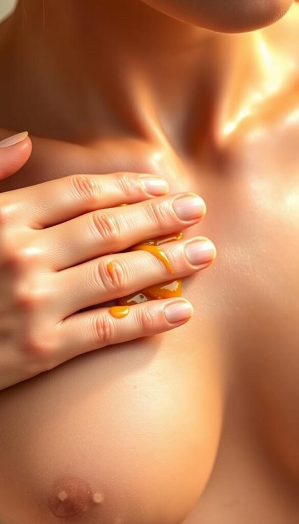 A close-up shot of a woman's hands smoothing wax over her smooth, glowing skin. The wax is a warm honey color, applied in long, even strokes. The skin is radiant, with a healthy, natural sheen. The background is soft and blurred, placing the focus on the hands and skin. Warm, natural lighting casts a gentle glow, highlighting the texture and tone of the skin. The overall mood is one of relaxation, self-care, and the pursuit of effortless, healthy beauty.