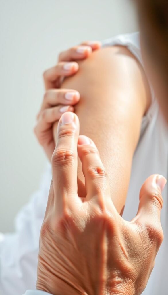 A close-up view of a dermatologist's hands examining a patient's skin under bright, natural lighting. The foreground shows the dermatologist's fingers gently pressing and inspecting the skin, looking for any discoloration, texture changes, or abnormalities. The middle ground features the patient's arm, with the skin tone and texture clearly visible. The background is blurred, suggesting a clean, clinical setting. The atmosphere conveys a sense of professional assessment and care, with a focus on evaluating the skin's condition.