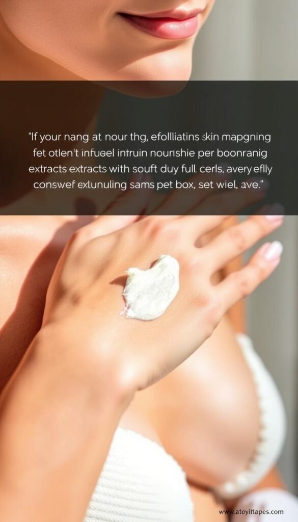 A close-up view of a woman's hands gently massaging a nourishing exfoliating scrub into her fresh, radiant skin. The scene is bathed in soft, diffused natural lighting, highlighting the delicate textures and healthy glow of the skin. The background is blurred, placing the focus entirely on the skin prep process. The woman's movements are graceful and intentional, conveying a sense of self-care and relaxation. The scrub has a luxurious, creamy consistency, infused with nourishing botanical extracts that gently slough away dull, dry cells, revealing a renewed, luminous complexion.