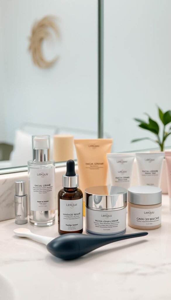 A neatly organized vanity top with a variety of high-quality skincare products arranged in an aesthetically pleasing manner. The lighting is soft and diffused, creating a warm, inviting atmosphere. In the foreground, several essential items are prominently displayed, such as a facial cleanser, serum, moisturizer, and facial tool. The middle ground features additional complementary products, like a face mask, eye cream, and exfoliating scrub. The background showcases a serene, minimalist setting, perhaps with a potted plant or a subtle wall decor piece, suggesting a calm and tranquil environment conducive to a successful skincare routine.