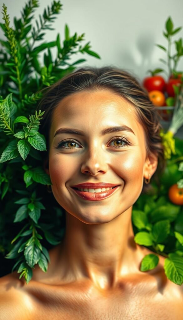 A radiant, glowing woman in the foreground, her skin luminous and vibrant, reflecting a balanced diet of fresh fruits, vegetables, and hydrating superfoods. In the middle ground, lush, verdant plants and herbs symbolizing the nourishing power of nature. The background features a soft, diffused light, creating a serene, calming atmosphere that complements the inner and outer glow of the subject. The overall scene conveys a sense of harmony, wellness, and the transformative effects of a holistic approach to skin health.