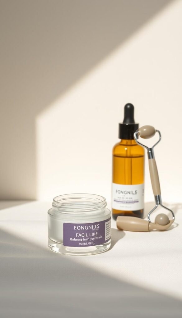 A serene and minimalist skin care still life. In the foreground, an assortment of skincare products - a face cream jar, a facial oil bottle, and a facial roller - arranged on a soft, textured surface. The middle ground features a calming, pastel-colored background, perhaps a subtly patterned wallpaper or textile. Natural, diffused lighting from the side creates gentle shadows and highlights the textures. The overall mood is one of tranquility, inviting the viewer to embark on a rejuvenating skin cycling journey towards clear, healthy skin.