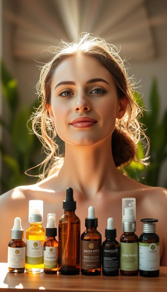 A serene and radiant woman stands in a sunlit room, her skin glowing with a natural, healthy luminescence. Gentle rays of warm light cascade across her face, highlighting her delicate features and the soft, dewy texture of her complexion. In the foreground, an array of natural skincare products - such as soothing facial oils, nourishing serums, and refreshing mists - are artfully arranged, conveying the essence of a holistic, mindful glow-up routine. The background features lush, verdant plants and a sense of tranquility, evoking a calming, wellness-focused atmosphere. The overall mood is one of inner and outer radiance, with the woman's serene expression and the carefully curated scene embodying the transformative power of a thoughtful, natural glow-up journey.