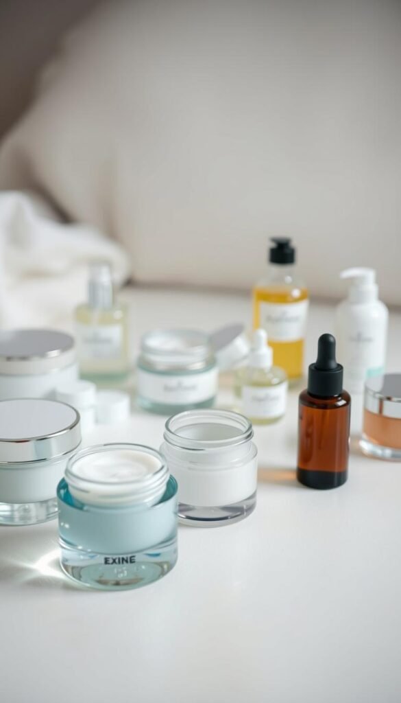 A serene arrangement of hydrating skincare products laid out on a neutral-toned surface, with soft, diffused lighting creating a calming atmosphere. In the foreground, glass bottles and jars filled with luxurious creams, serums, and essences reflect the light, highlighting their textures and translucent qualities. The middle ground features a clean, minimalist layout, with the products organized in a visually appealing manner. The background is slightly blurred, creating a sense of depth and focus on the starring skincare items. The overall mood is one of tranquility and self-care, inviting the viewer to imagine the restorative benefits of this carefully curated nighttime routine.