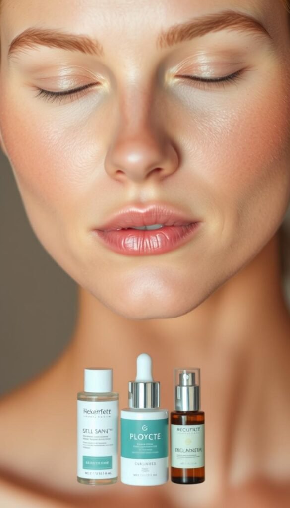 A serene, close-up shot of a woman's face, showcasing the clear, radiant skin benefits of a skin cycling routine. Soft, diffused lighting gently illuminates her complexion, highlighting the even tone and smoothness. In the middle ground, a subtle array of skincare products - cleansers, exfoliators, and serums - symbolize the steps of the skin cycling process. The background is a muted, neutral tone, allowing the protagonist's luminous skin to take center stage. The overall mood is one of tranquility and healthy, glowing skin, inviting the viewer to experience the transformative power of skin cycling.