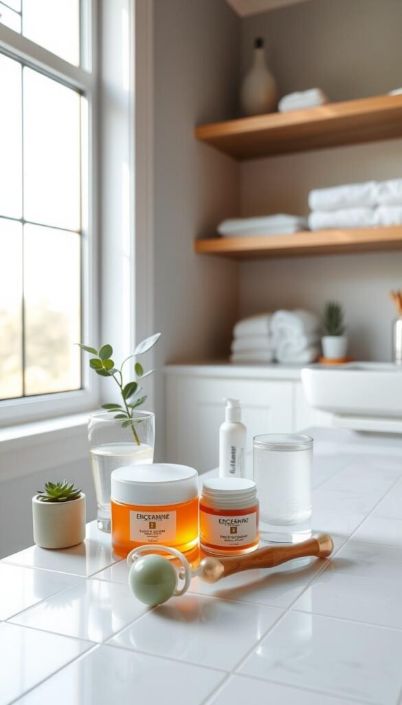A serene, minimalist bathroom setting with soft natural lighting streaming through a large window. On the vanity, an array of high-quality skincare products - a luxurious face cream, a hydrating serum, and a jade facial roller. Beside them, a glass of infused water and a small potted plant, creating a tranquil, spa-like ambiance. The shelves behind the vanity display neatly organized towels and other self-care items, suggesting a routine focused on long-term skin health and maintenance. The tiled floor and neutral color palette contribute to the overall calming atmosphere, inviting the viewer to imagine themselves engaging in a mindful, restorative skincare ritual.