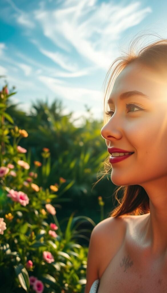 A serene, sun-dappled garden bathed in a soft, warm glow. In the foreground, a young woman's face radiates a natural, healthy luminescence, her skin glowing with an inner radiance. Her expression is relaxed and content, as she gazes out at the verdant landscape around her. The middle ground features lush, vibrant foliage - blooming flowers, verdant leaves, and swaying grasses - creating a lush, verdant backdrop. In the distance, a hazy blue sky with wispy clouds completes the tranquil, rejuvenating scene, evoking a sense of peace and well-being. Captured with a wide-angle lens and natural lighting, this image conveys the essence of a true, effortless "glow-up" - a celebration of natural beauty and inner harmony.