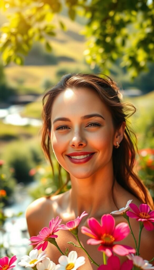 A serene, sun-dappled scene showcasing the benefits of a natural glow-up routine. In the foreground, a radiant woman stands in a lush, verdant garden, her skin glowing with a healthy, luminous sheen. Her face is relaxed, a gentle smile playing on her lips, conveying a sense of inner peace and contentment. In the middle ground, an array of vibrant, blooming flowers surround her, their vibrant hues and delicate petals complementing her natural beauty. The background is softly blurred, hinting at a tranquil, inviting landscape beyond, perhaps a flowing stream or rolling hills. The lighting is warm and diffused, creating a sense of calm and wellness, as if bathing the scene in the golden rays of the sun. The overall mood is one of serenity, well-being, and the radiant glow that comes from a balanced, holistic approach to self-care.