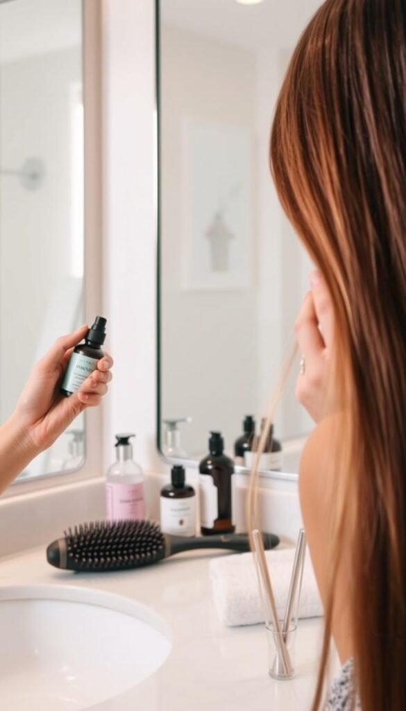 A serene, well-lit bathroom interior with a vanity showcasing an array of haircare products. In the foreground, a hand gently applying a hair serum to the ends of silky, shiny hair. In the middle ground, various haircare tools like a boar bristle brush, a wide-tooth comb, and a luxury hair towel neatly arranged. The background features a large mirror reflecting the scene, with soft, diffused lighting illuminating the space. The overall mood is one of relaxation and self-care, inviting the viewer to envision themselves in this tranquil setting, exploring natural haircare tips.