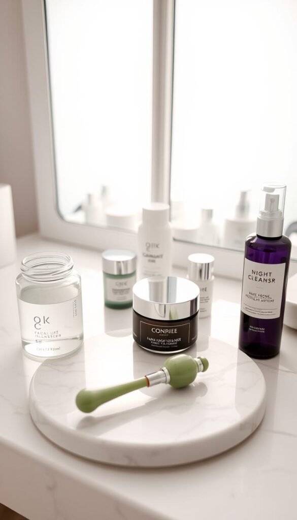 A serene, well-lit vanity table showcases an array of skincare products arranged in an orderly fashion. In the foreground, a glass jar of facial cleanser, a luxurious night cream, and a refillable toner mister take center stage. The middle ground features a marble slab with a jade facial roller and a set of silky cotton pads. In the background, a soothing diffused light illuminates a large mirror, creating a calming, spa-like ambiance. The overall scene conveys a sense of simplicity, efficacy, and a beginner-friendly skincare routine ready to be explored.