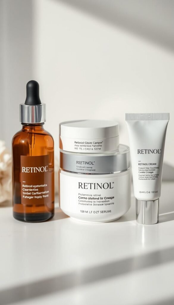 A still life arrangement of various retinoid skincare products, including a bottle of retinol serum, a jar of retinol cream, and a tube of retinoid eye cream. The products are artfully displayed on a minimalist white tabletop, with soft, diffused lighting highlighting their sleek, modern packaging. The overall composition has a soothing, spa-like atmosphere, conveying the restorative benefits of these powerful skincare ingredients. The image is captured from a slightly elevated angle, using a shallow depth of field to create a sense of focus and emphasis on the key products.