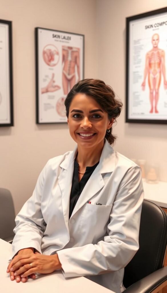 A warm, welcoming consultation room with a dermatologist sitting at a desk, their face illuminated by soft, diffused lighting. The dermatologist wears a pristine, white lab coat, projecting an air of professionalism and expertise. Behind them, a wall-mounted display showcases detailed skin anatomy diagrams, reflecting their deep knowledge of the subject. The room is tastefully decorated with soothing, neutral tones, creating a calming atmosphere. The scene evokes a sense of trust and reassurance, inviting the viewer to imagine a productive, informative discussion about skin health and care.