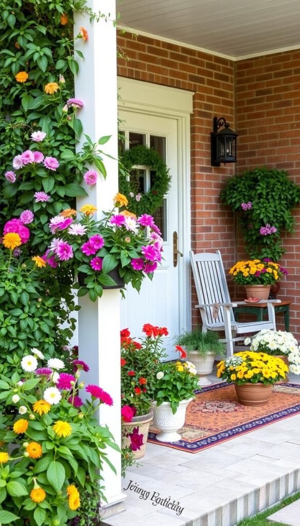 Create an image of a beautiful summer front porch with vibrant flowers and lush greenery.