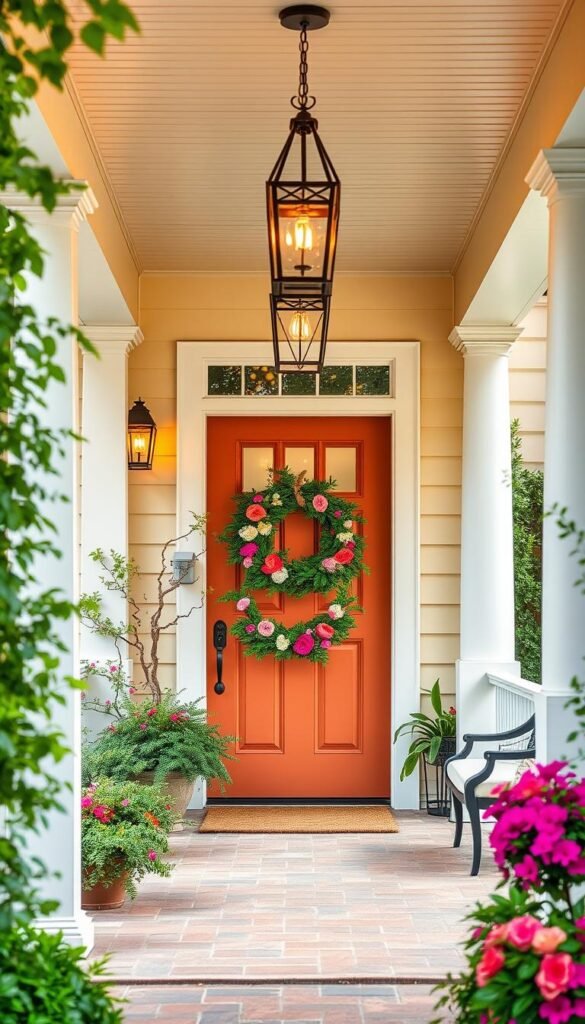Create an image of a beautifully decorated summer front porch with a wreath on the door and lanterns hanging from the ceiling.