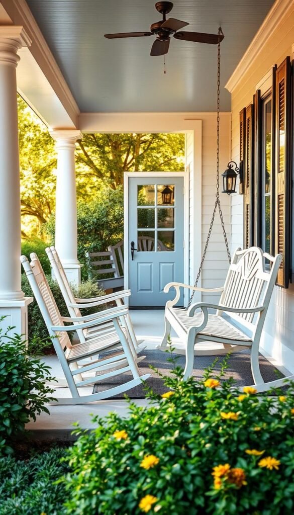 Create an image of a cozy front porch with comfortable rocking chairs and a porch swing.