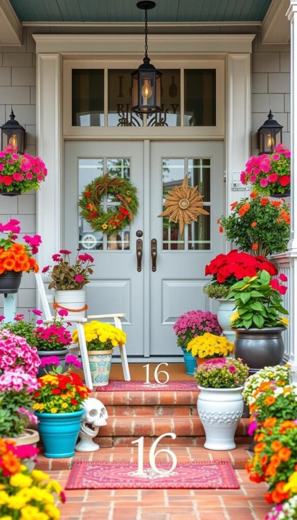 Generate an image of a vibrant summer front porch with colorful flowers and decor.