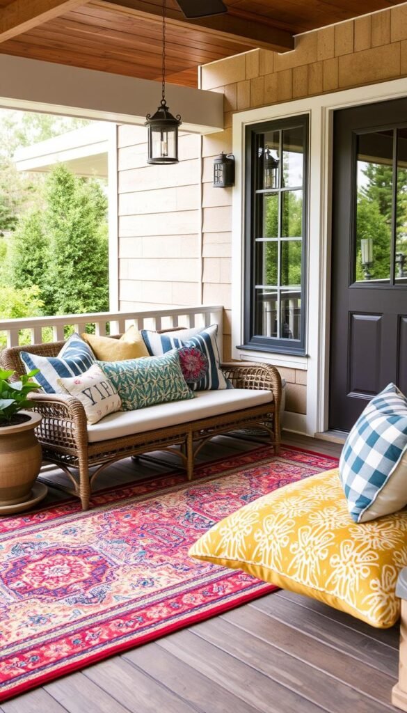 Outdoor pillows and rugs for a summer porch
