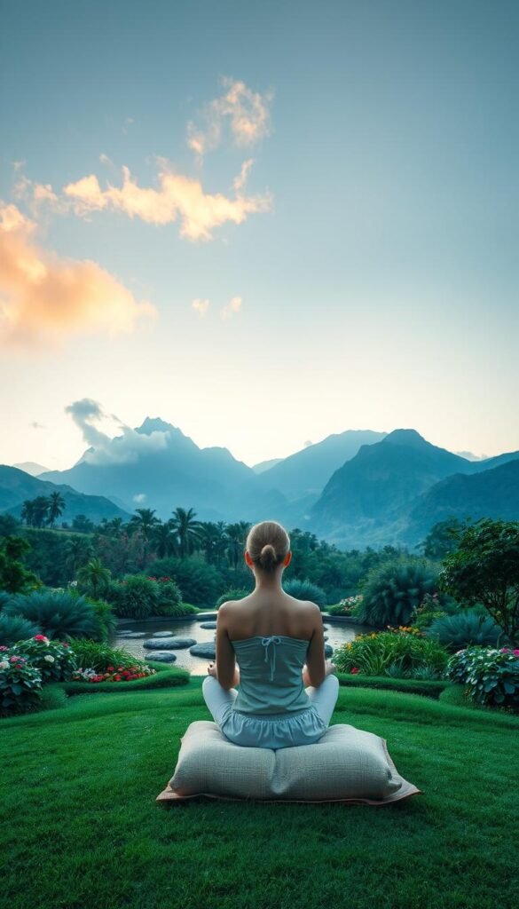 Serene landscape with a peaceful meditation garden. In the foreground, a woman sits cross-legged on a cushion, eyes closed, in a state of tranquil contemplation. Soft ambient lighting filters through wispy clouds, casting a warm, soothing glow. In the middle ground, lush greenery and colorful flowers surround a tranquil koi pond, its surface gently rippling. In the background, mountains rise up, their peaks shrouded in mist, conveying a sense of timeless, natural harmony. The overall atmosphere is one of mindfulness, self-care, and a positive, rejuvenated spirit.