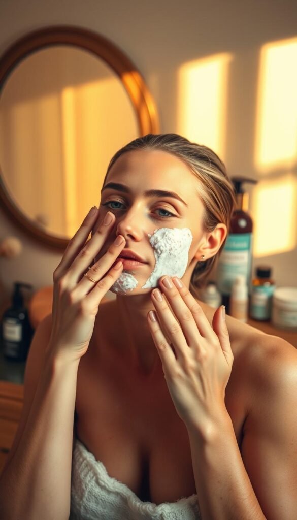 Soft, glowing skin under warm, diffused lighting. A wooden vanity adorned with a variety of skincare products - exfoliating brushes, cleansers, moisturizers. In the foreground, a woman's hands gently massaging an exfoliating scrub into her face, revealing a radiant, rejuvenated complexion. The scene evokes a tranquil, spa-like atmosphere, inviting the viewer to experience the calming ritual of skin cycling.