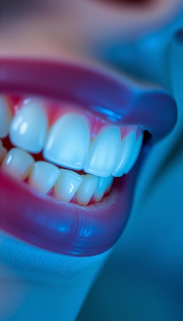 Teeth whitening techniques for a bright smile: a close-up view of sparkling white teeth with a serene blue-tinted background, highlighting the natural brightness and health of the mouth. The lighting is soft and diffused, creating a calming atmosphere. The composition focuses on the teeth, with a slight angle to showcase their alignment and symmetry. The image conveys a sense of freshness, cleanliness, and confidence, inspiring the viewer to consider adopting these techniques for their own radiant smile.