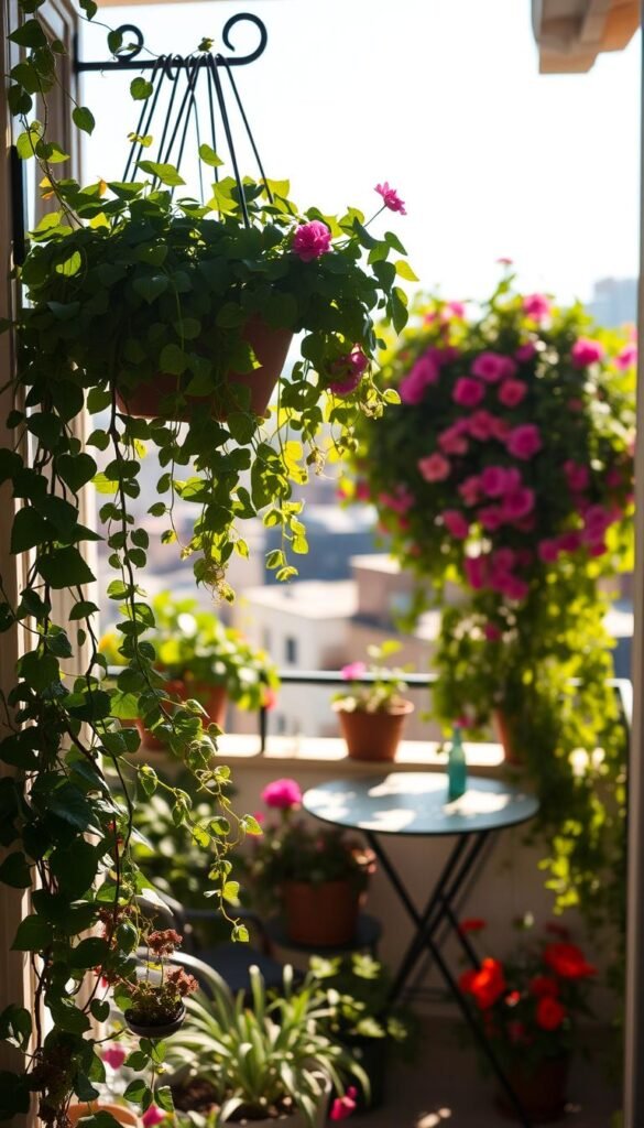 A balcony in a warm, sun-dappled setting, adorned with lush greenery and colorful blooms. In the foreground, a mix of potted plants and trailing vines cascade from hanging baskets, their vibrant hues complementing the cozy, intimate atmosphere. The middle ground features a small bistro table and chairs, inviting the viewer to imagine leisurely meals or quiet moments of relaxation. In the background, a subtle cityscape backdrop adds a sense of urban tranquility, with the balcony serving as a verdant oasis amidst the urban landscape. Soft, natural lighting illuminates the scene, creating a warm, welcoming ambiance that evokes a sense of year-round charm and comfort.