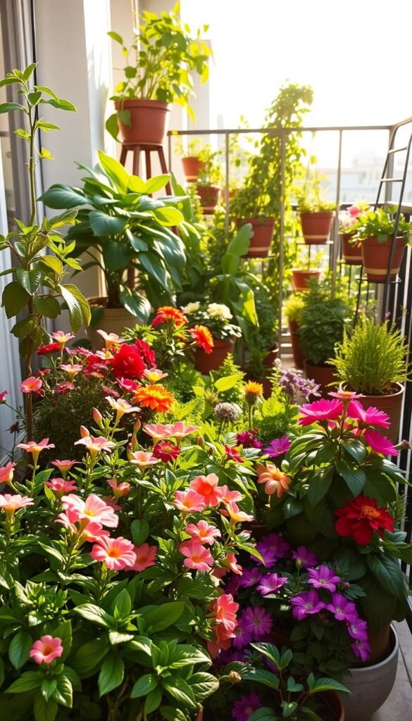 A beautifully curated balcony garden with an array of lush, thriving plants arranged in a harmonious, themed display. The foreground showcases an assortment of vibrant flowering plants, their petals dancing in the gentle breeze. The middle ground features a mix of verdant foliage plants, their leaves casting intricate shadows. In the background, a series of decorative planters and trellises create a sense of depth and visual interest. Warm, natural lighting filters through, casting a cozy, inviting ambiance. The overall composition conveys a sense of personal expression, where the gardener's unique style and preferences are reflected in the thoughtful arrangement of the themed balcony garden.