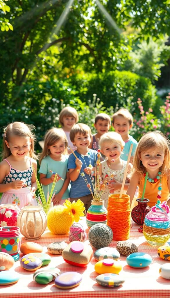 A bright, cheerful scene of kid-friendly summer crafts set against a warm, sunlit background. In the foreground, a tabletop display showcases a variety of colorful, engaging projects - from paper lanterns and painted rocks to yarn-wrapped vases and beaded wind chimes. The middle ground features a group of smiling, curious children gathered around, their hands busy with art supplies and their faces alight with creative inspiration. In the background, a lush, verdant garden provides a natural, idyllic setting, with gentle sunbeams filtering through the leaves. The overall mood is one of lighthearted summer fun, encouraging hands-on exploration and the joy of making. A bright, cheerful scene of kid-friendly summer crafts set against a warm, sunlit background. In the foreground, a tabletop display showcases a variety of colorful, engaging projects - from paper lanterns and painted rocks to yarn-wrapped vases and beaded wind chimes. The middle ground features a group of smiling, curious children gathered around, their hands busy with art supplies and their faces alight with creative inspiration. In the background, a lush, verdant garden provides a natural, idyllic setting, with gentle sunbeams filtering through the leaves. The overall mood is one of lighthearted summer fun, encouraging hands-on exploration and the joy of making.