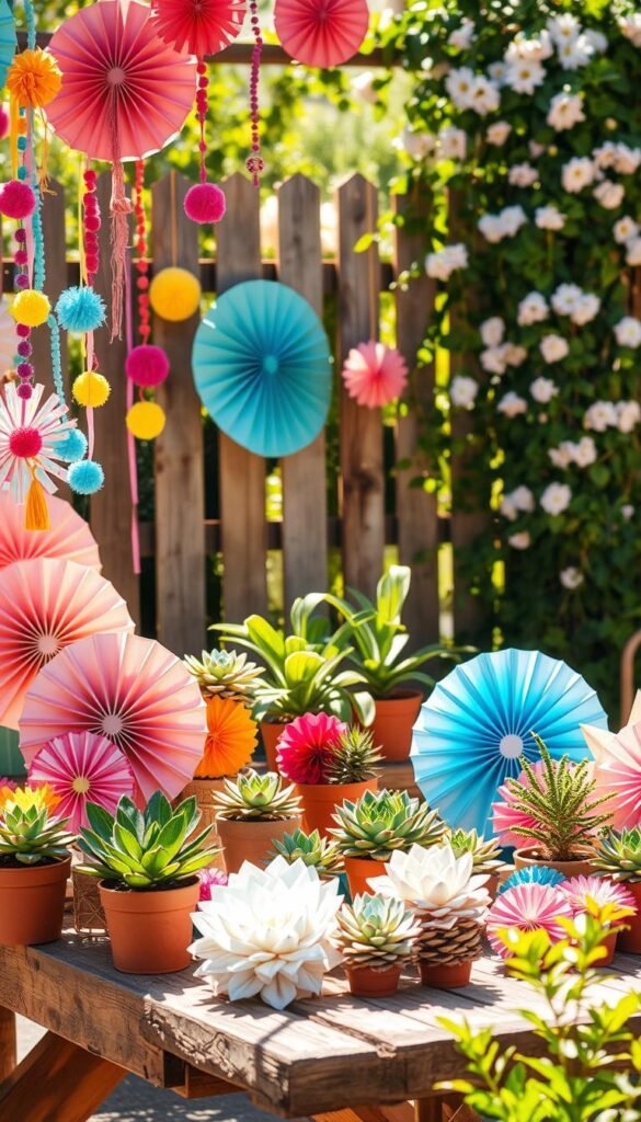 A bright, cheerful summer scene with a variety of handmade crafts on display. In the foreground, an assortment of colorful, whimsical decorations like paper fans, garlands, and pom-pom accents sit atop a rustic wooden table, bathed in warm, natural sunlight. In the middle ground, a group of potted succulents and leafy plants frame the scene, hinting at an outdoor setting. The background features a charming wooden fence or trellis, draped with trailing vines and blooming flowers, creating a lush, garden-like atmosphere. The overall mood is one of creativity, joy, and the vibrant spirit of summer. A bright, cheerful summer scene with a variety of handmade crafts on display. In the foreground, an assortment of colorful, whimsical decorations like paper fans, garlands, and pom-pom accents sit atop a rustic wooden table, bathed in warm, natural sunlight. In the middle ground, a group of potted succulents and leafy plants frame the scene, hinting at an outdoor setting. The background features a charming wooden fence or trellis, draped with trailing vines and blooming flowers, creating a lush, garden-like atmosphere. The overall mood is one of creativity, joy, and the vibrant spirit of summer.