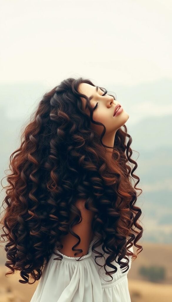 A cascading, voluminous mane of long, luxurious curls gently swaying in a soft, natural light. The curls are defined and luscious, with a rich, dimensional texture that catches the eye. The model's head is tilted slightly, creating an elegant, ethereal pose that highlights the captivating flow of their hair. The background is a serene, dreamy landscape, with muted tones that allow the hairstyle to take center stage. The overall mood is one of effortless beauty and timeless allure, perfectly capturing the essence of a stunning, long curly hairstyle.