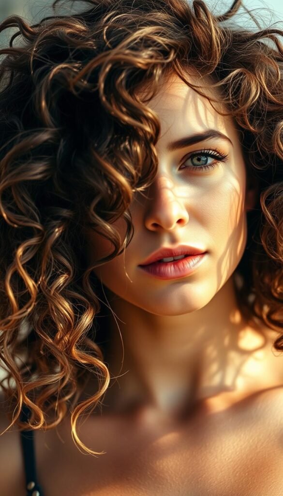 A close-up portrait of a woman with voluminous, tousled curly hair styled in a messy, effortless way. The lighting is soft and flattering, creating a warm, natural glow across her features. The focus is on the intricate texture and movement of her hair, with strands cascading around her face in a carefree, windswept manner. The background is blurred, placing all emphasis on the subject's stunning, low-maintenance curly hairstyle. The overall mood is relaxed, confident, and summer-inspired.