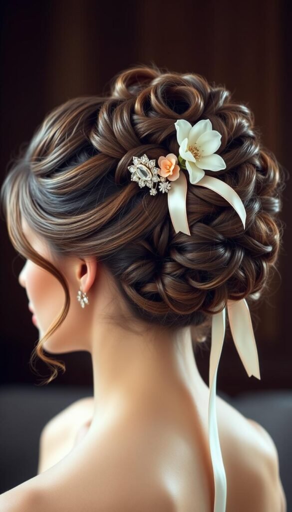 A close-up portrait of an elegant woman with lustrous, voluminous curly hair styled in a chic top knot, accented with delicate floral accessories such as a jeweled hair pin and a cascading silk ribbon. The lighting is soft and flattering, highlighting the intricate textures and luminous tones of the hairstyle. The background is blurred, placing the focus entirely on the beautiful coiffure. The overall mood is one of timeless sophistication and effortless beauty, perfectly suited for a special occasion.