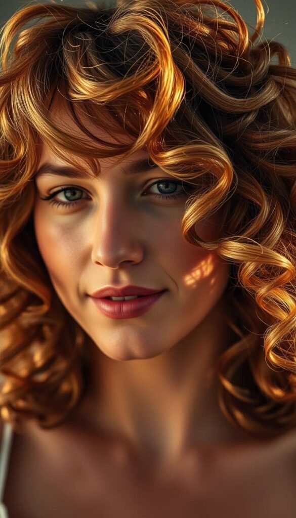A close-up shot of a luscious, voluminous curly shag hairstyle. The hair is medium-length, with layers that frame the face and textured waves throughout. Warm, golden lighting illuminates the curls, casting soft shadows and highlights that accentuate the dynamic, free-flowing movement of the style. The model's expression is relaxed and natural, conveying a carefree, summery vibe. The background is blurred, keeping the focus solely on the captivating, effortless curls. Captured with a shallow depth of field, using a 50mm lens to create a flattering, slightly compressed perspective.