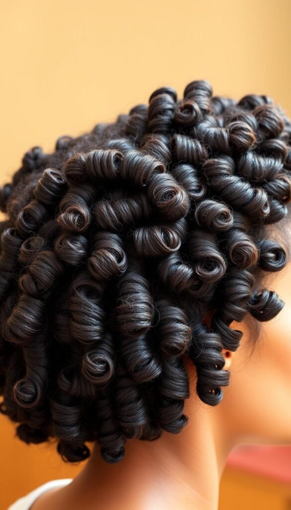 A close-up shot of a woman's coily, tightly-curled hair styled into a vibrant, voluminous updo. The intricate styling features a mix of tight spirals and defined curls, with wisps of hair framing the face in a flattering manner. Soft, natural lighting illuminates the rich, dark color and healthy sheen of the hair, highlighting the texture and movement. The image has a warm, inviting atmosphere, showcasing the beauty and versatility of curly hair textures.