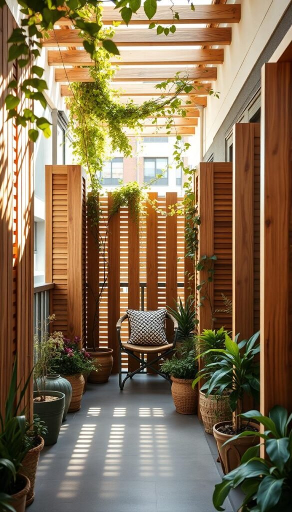 A cozy and tranquil urban balcony, showcasing a set of modular, slatted wooden privacy screens that artfully frame the space. The screens create a sense of enclosure and shelter, while allowing for natural light and airflow. Ornamental plants and climbing vines cascade gracefully over the screens, blending the boundary between indoor and outdoor. The scene is bathed in soft, diffused sunlight, creating a warm, inviting atmosphere. A wide-angle lens captures the full depth and scale of the balcony, highlighting the clever use of space and the integration of the privacy solution as a key design element.
