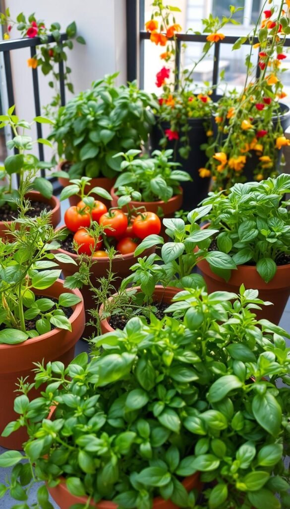 A cozy balcony garden bursting with compact, lush edible plants. In the foreground, an assortment of thriving herbs - fragrant basil, rosemary, and chives - nestled in sleek terra cotta pots. The middle ground showcases compact tomato plants, their leaves glistening under soft, warm lighting. In the background, trailing vines of cascading nasturtiums and dwarf bell peppers add pops of vibrant color. The overall scene exudes a sense of urban oasis, with a natural, harmonious composition highlighting the beauty and productivity of small-space vegetable and herb gardens.