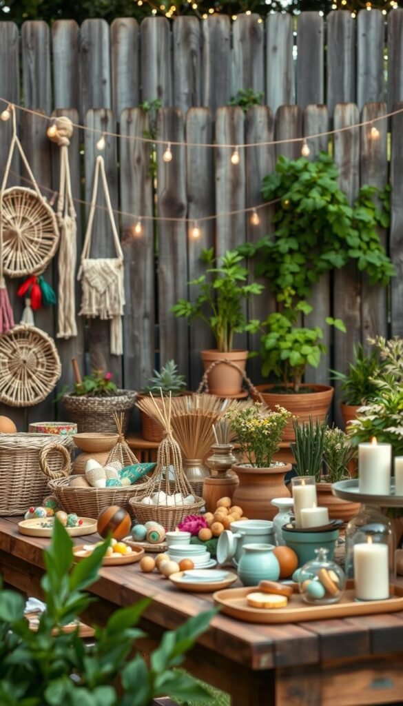 A cozy outdoor summer craft display with a rustic, handmade aesthetic. In the foreground, a wooden table showcases an array of colorful, artisanal DIY items - woven baskets, macrame wall hangings, ceramic trinkets, and scented candles. Warm, natural lighting casts a soft glow, highlighting the textures and hues. In the middle ground, lush greenery from potted plants and string lights create a welcoming, relaxed atmosphere. The background features a weathered wooden fence, framing the scene and giving it an inviting, countryside ambiance. The overall mood is one of creativity, simplicity, and the joys of summer crafting. A cozy outdoor summer craft display with a rustic, handmade aesthetic. In the foreground, a wooden table showcases an array of colorful, artisanal DIY items - woven baskets, macrame wall hangings, ceramic trinkets, and scented candles. Warm, natural lighting casts a soft glow, highlighting the textures and hues. In the middle ground, lush greenery from potted plants and string lights create a welcoming, relaxed atmosphere. The background features a weathered wooden fence, framing the scene and giving it an inviting, countryside ambiance. The overall mood is one of creativity, simplicity, and the joys of summer crafting.