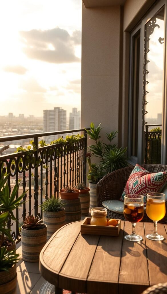 A cozy, sun-drenched balcony with stylish yet functional decor. In the foreground, a plush wicker loveseat adorned with colorful patterned cushions invites relaxation. Midground features potted succulents, trailing vines, and a sleek wooden table holding a tray with refreshing beverages. The background showcases a cityscape through ornate iron railings, bathed in warm, golden afternoon light filtering through wispy clouds. The overall ambiance evokes a harmonious blend of urban chic and natural tranquility.