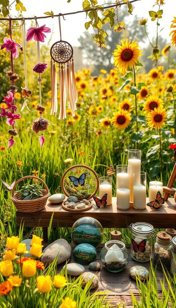 A lush, sun-dappled meadow filled with an array of nature-inspired summer craft ideas. In the foreground, handmade flower garlands, woven baskets, and decorative dream catchers. In the middle ground, a wooden table displays whimsical painted rocks, shell-encrusted candles, and rustic-chic terrariums. The background features a vibrant, blooming garden with towering sunflowers, colorful butterflies, and a warm, golden hour lighting that casts a tranquil, serene atmosphere. The overall scene evokes a sense of organic, earthy creativity and the joyful spirit of summer. A lush, sun-dappled meadow filled with an array of nature-inspired summer craft ideas. In the foreground, handmade flower garlands, woven baskets, and decorative dream catchers. In the middle ground, a wooden table displays whimsical painted rocks, shell-encrusted candles, and rustic-chic terrariums. The background features a vibrant, blooming garden with towering sunflowers, colorful butterflies, and a warm, golden hour lighting that casts a tranquil, serene atmosphere. The overall scene evokes a sense of organic, earthy creativity and the joyful spirit of summer.