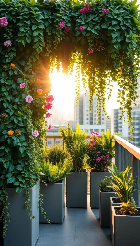 A lush, vertical garden adorning a city balcony, with cascading vines, trailing foliage, and vibrant blooms filling the frame. Sunlight filters through the plants, casting a warm, golden glow across the scene. Sleek, modern planters in muted tones are strategically arranged to maximize the limited space, creating a harmonious, nature-infused oasis amidst the urban landscape. The camera angle is slightly elevated, capturing the sense of height and depth, showcasing how vertical gardening can transform a small balcony into a verdant, visually captivating sanctuary.