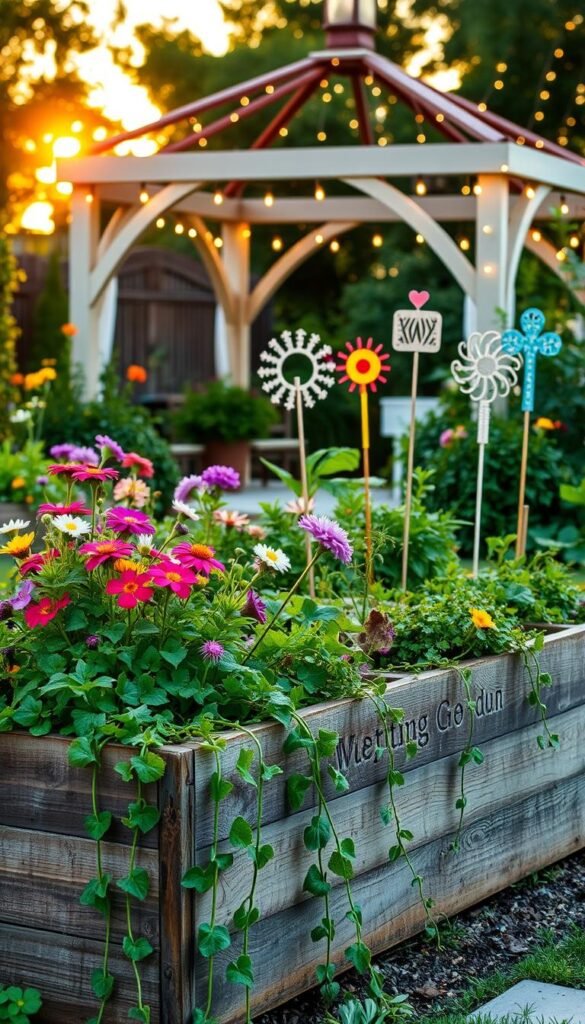 A lush, vibrant garden filled with DIY summer decor. In the foreground, a rustic wooden planter box overflows with colorful flowers and herbs. Trailing vines cascade gracefully from the sides. In the middle ground, handcrafted garden stakes featuring whimsical shapes and patterns stand tall, casting soft shadows. The background showcases a charming gazebo draped in string lights, creating a warm, inviting ambiance. The scene is bathed in the golden glow of a summer sunset, illuminating the carefully curated assortment of DIY garden projects. A delightful, serene atmosphere perfect for easy summer crafting. A lush, vibrant garden filled with DIY summer decor. In the foreground, a rustic wooden planter box overflows with colorful flowers and herbs. Trailing vines cascade gracefully from the sides. In the middle ground, handcrafted garden stakes featuring whimsical shapes and patterns stand tall, casting soft shadows. The background showcases a charming gazebo draped in string lights, creating a warm, inviting ambiance. The scene is bathed in the golden glow of a summer sunset, illuminating the carefully curated assortment of DIY garden projects. A delightful, serene atmosphere perfect for easy summer crafting.